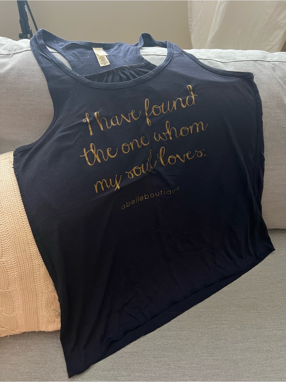 Navy Tank Top with Gold Script - "I have found the one whom my soul loves."